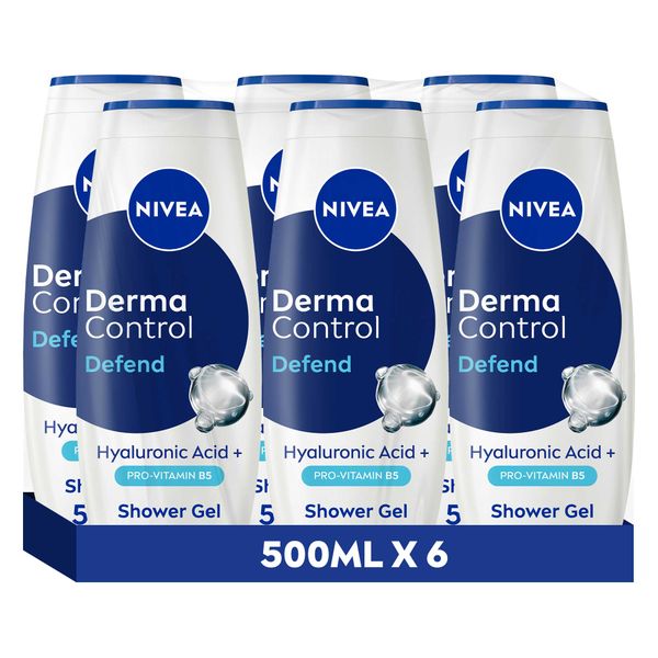 NIVEA Derma Control Shower Gel 500ml Body Wash, Hyaluronic Acid, 6x500ml