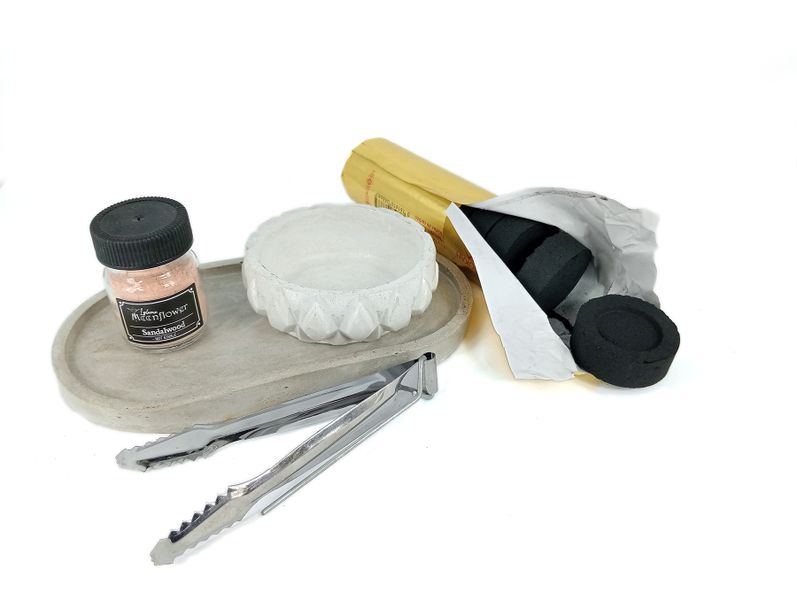 Raw Sandalwood Incense Resin Burning Kit - Cement bowl &amp;Tray