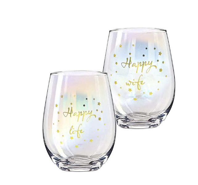 Wine Glass Set - Couples Wine Glass Set - Happy Wife Happy Life