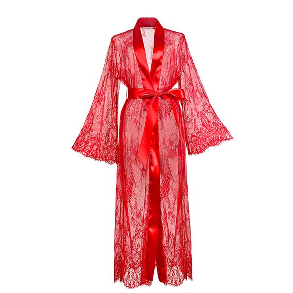 Women's Bell Sleeve Sheer Floral Lace Belted Long Robe Satin Trim