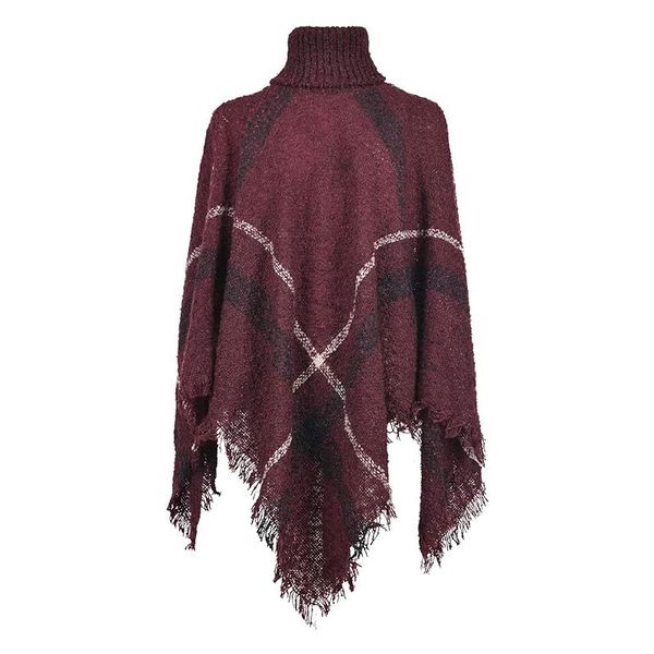Plaid Sweater Poncho - Dark Berry