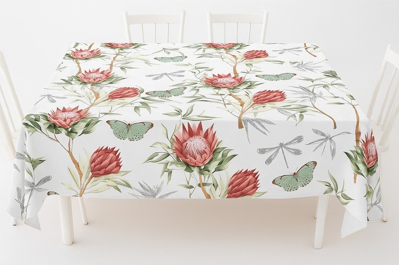 White Protea and Butterfly Rectangular Table Cloth