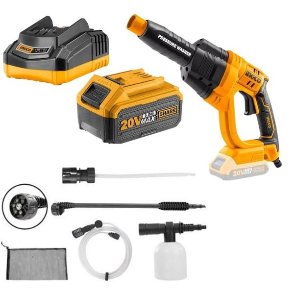Ingco - Pressure Washer With Accessories and 5.0Ah Battery, Charger Combo