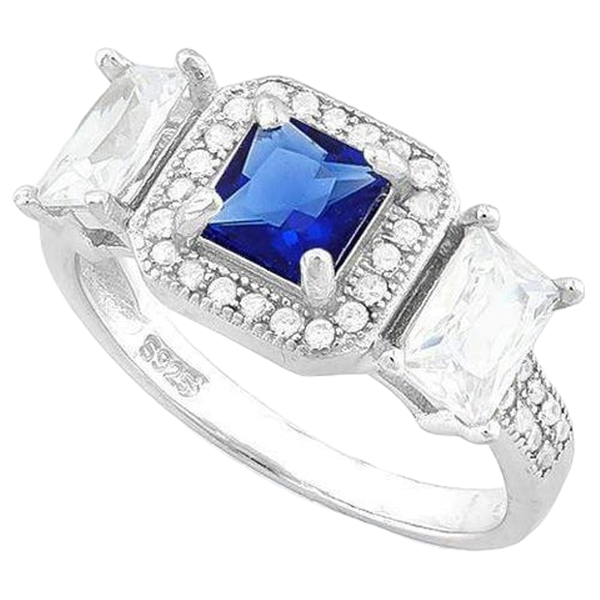 Princess Sapphire Created 1.5 CT &amp; 2 Pieces Diamonds Sterling Silver Ring
