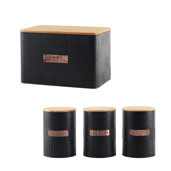 Bread Bin Steel Design with Bamboo Lid with 3 Piece Canister Set - Charcoal