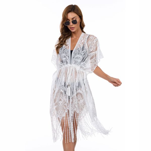 Large Bikini Lace Cover Cardigan, Elastic Waist Cover, Beach Vacation