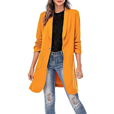 Women s Casual Long Blazer with Pockets Ruched 3 4 Sleeve Lapel Suit Jacket Shop Today. Get it Tomorrow takealot