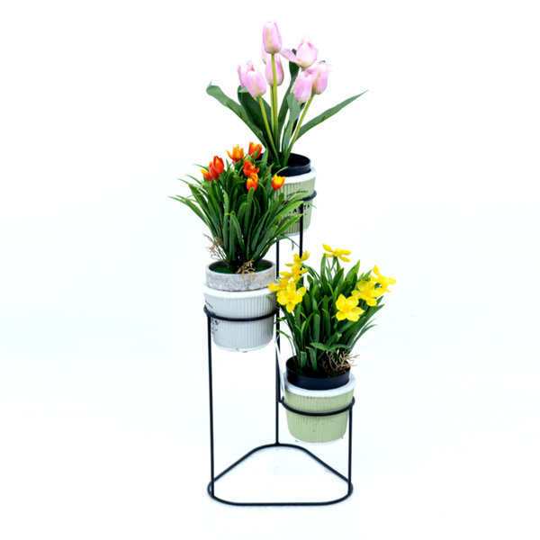 Trio Bloom Artificial Potted Flowers on Tiered Stand