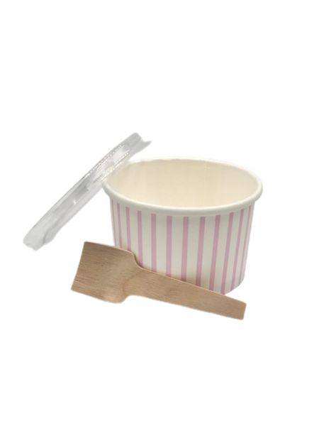 Ice Cream Tub Pink Striped -120ml/7cm Ice Cream Scoop + Flat Lid - 25 Pack