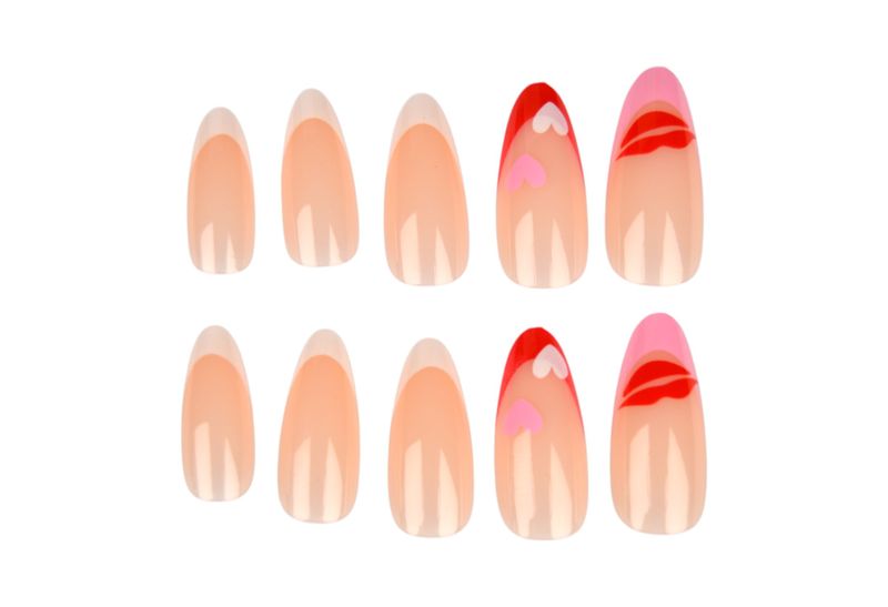 24 Piece French Tip Nude Base Hot Lips &amp; Hearts - Pink