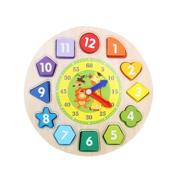 Round Building Blocks Number Shape Sorting Wooden Clock Toy with Stand