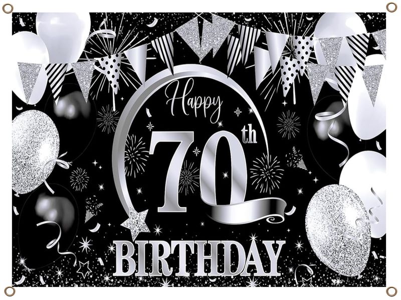 Happy 70th Birthday Banner PVC Silver and Black 1.3MX900MM