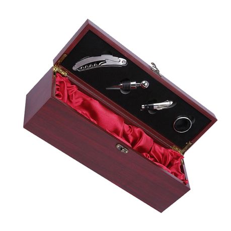 Single Bottle Wooden Wine Gift Box with 4 Piece Wine Accessory Set