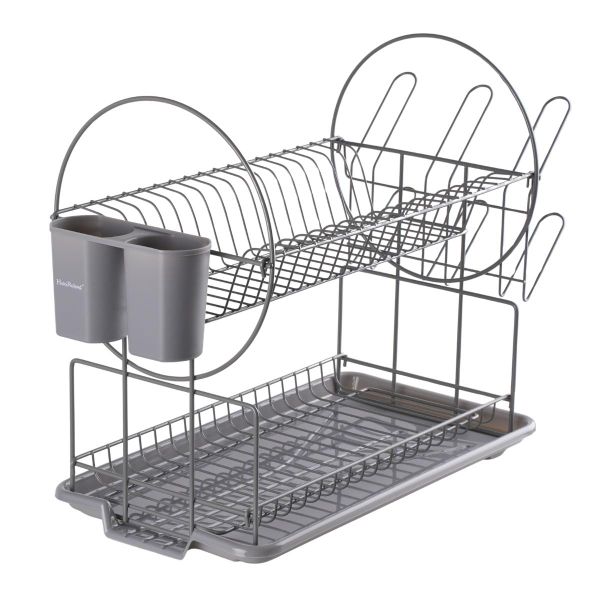 H.R Double Layer Dish Rack with Glass and Spoon Holder and Water Draining Tray