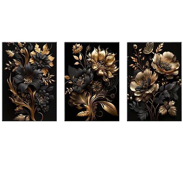 Canvas-Art-3 Pieces Black &amp; Gold Flower Modern Abstract Wall Art II