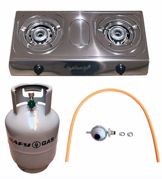 Aruif Two Burner Auto Ignition Stainless Steel Gas Stove &amp; 5Kg Cylinder