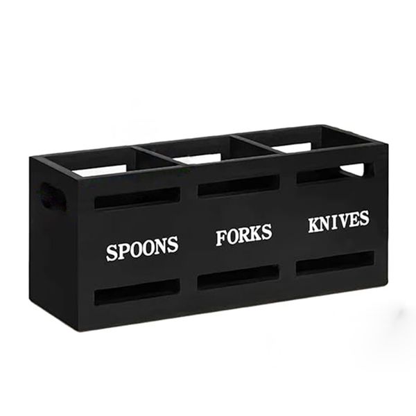 Wooden Kitchen Utensil Rack Silverware Cutlery Storage Box - Black- 3 Grids