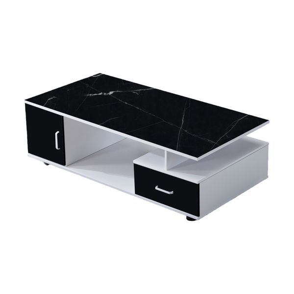 Coffee Table - Wooden Tabletop with Stone-like Texture, Featuring a Drawer