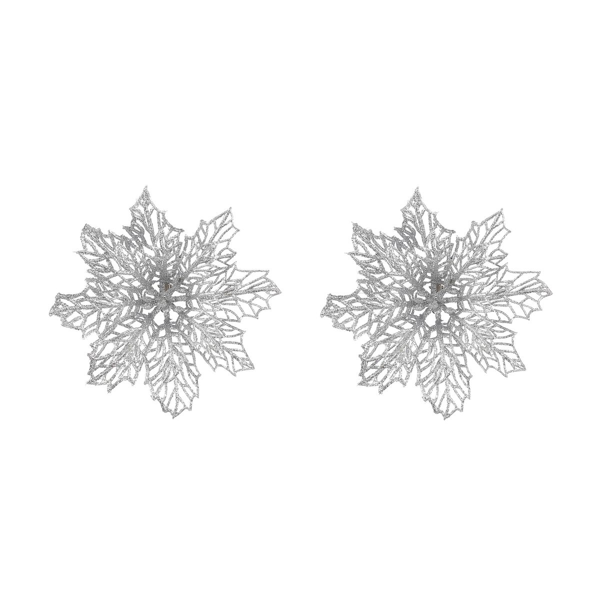 Christmas Poinsettia Clip Glitter Silver Set of 2 13.5cm