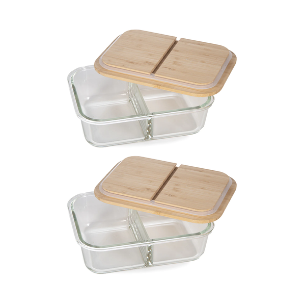 Large 1.2L Split Compartment Glass Container with Bamboo Lid - 2 Pack