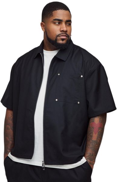 boohooMAN - Men's Plus Oversized Boxy Carpenter Detail Shirt - Black