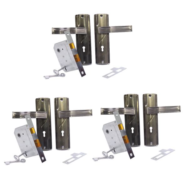 Silver Mortice Lockset BS-0289 on Backplate with 2 Lever Lock &amp; Keys - 3 Pack