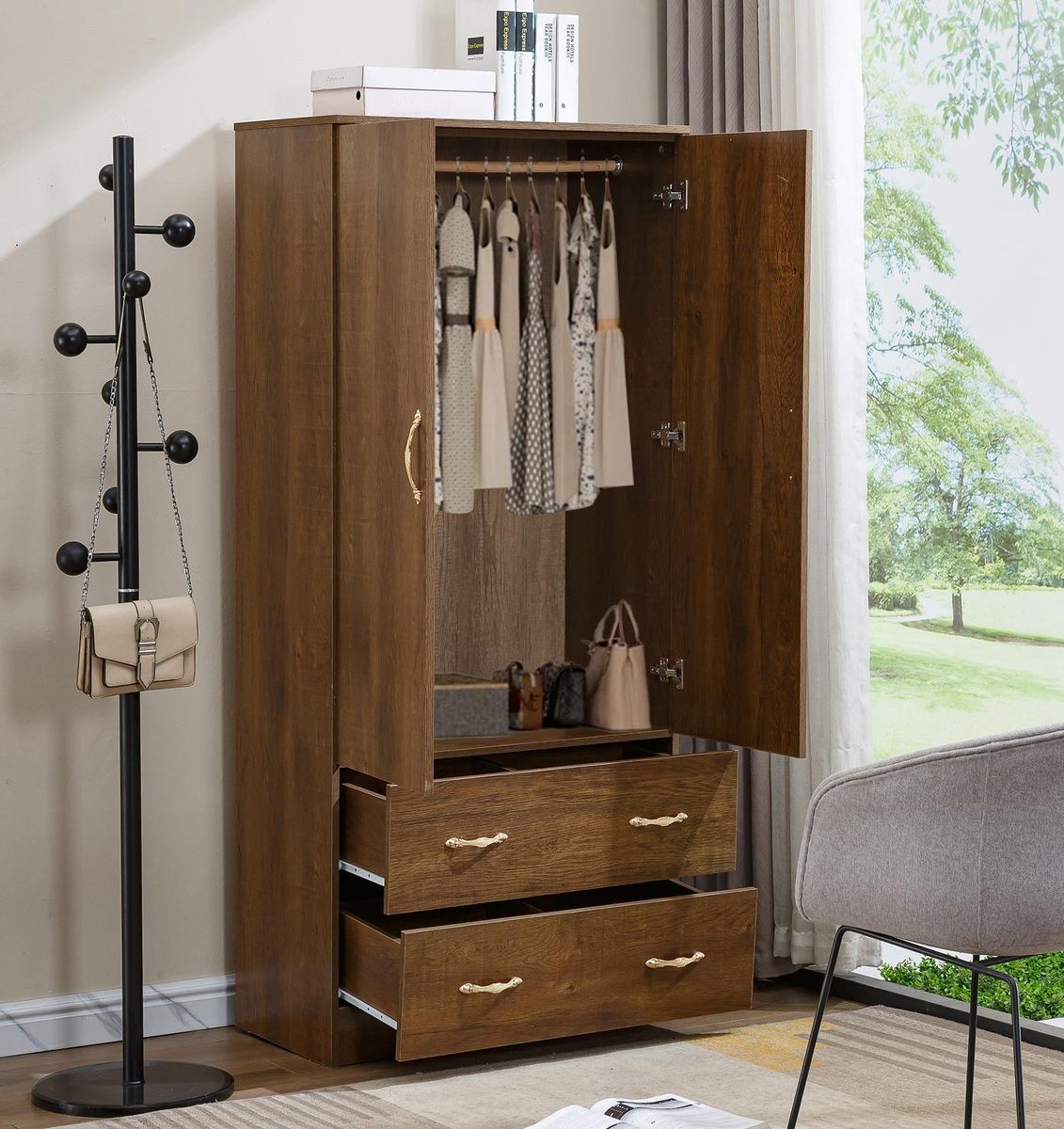 クラフト・布製品 aandt-closet 2 Door Wardrobe Closet Wooden Clothes Storage Cabinet with 4