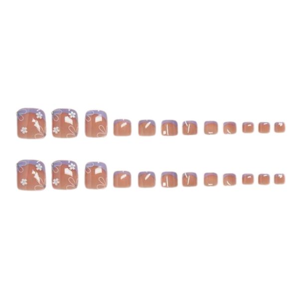 24-Piece Short Square French Floral Artificial Toe Nail Set