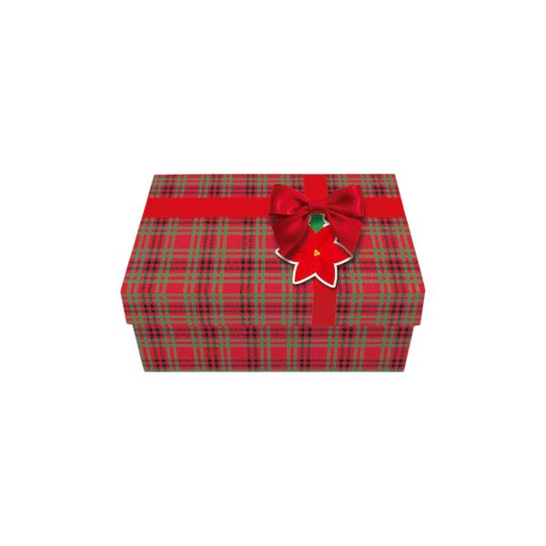 Set of 3 Festive Plaid Gift Box with Red Ribbon and Poinsettia Tag