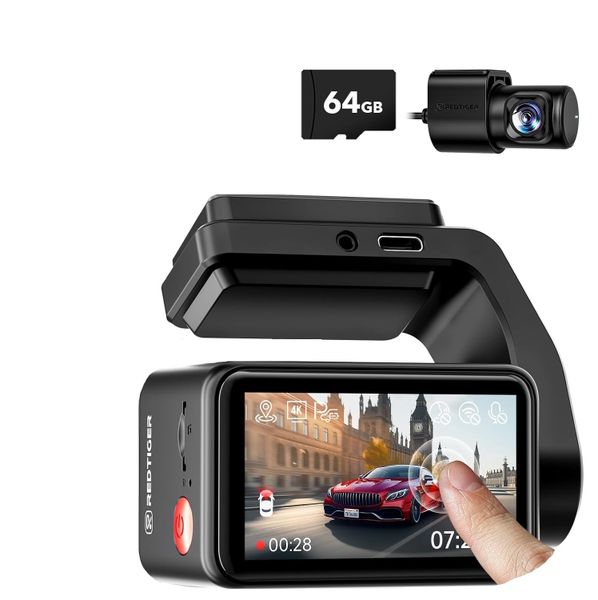 REDTIGER A4 4K Front &amp; 1080P Rear Dash Cam - 5GHz Wi-Fi, 64GB Card, GPS