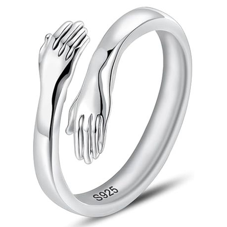 S925 Sterling Silver Hug Rings for Women Adjustable Hugging Hands Open Ring Image