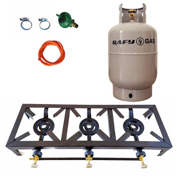 3 Burner, Triple Gas Burner, 4 Legged, Regulator Set &amp; Gas Cylinder - 5kg
