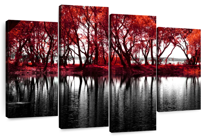 Canvas Art - Red Tree Lake 4 Piece Canvas Wall Art For Living Bedroom Decor