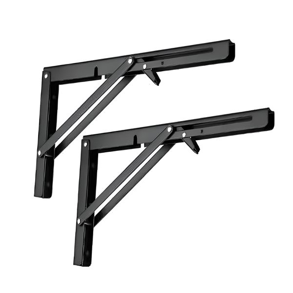 2 Pcs Folding Stainless Steel Shelf Brackets 40cm - Black