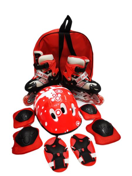 Roller Blades &amp; Knee, Elbow, Hand &amp; Head Guard Training Gear - Red- Size S