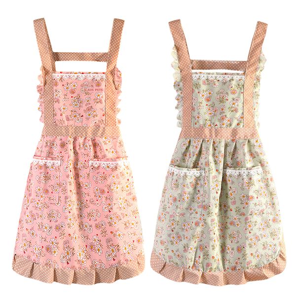 2Pcs Floral Cute Apron Kit with 2 Pockets,Waterproof Apron - Green and Pink