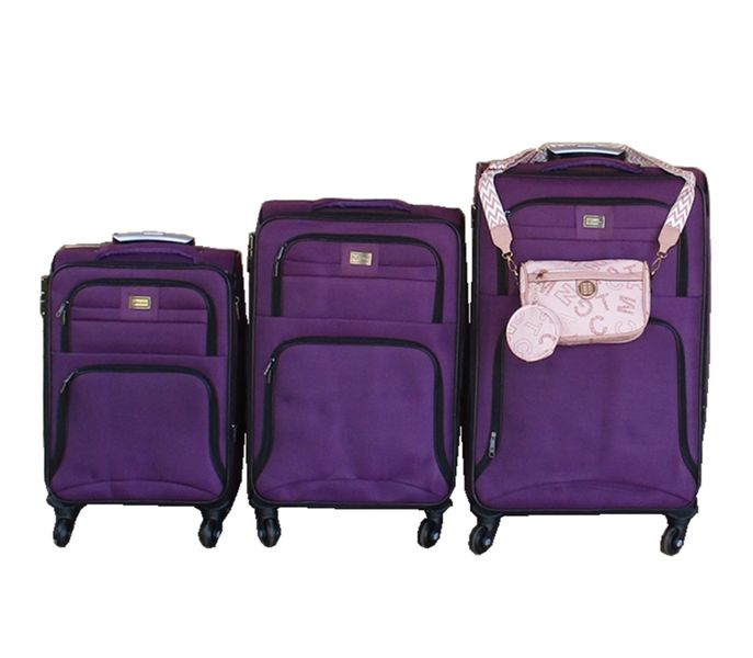 3-Piece Purple Spinner Luggage Set with Pink Crossbody Bag &amp; Coin Pouch