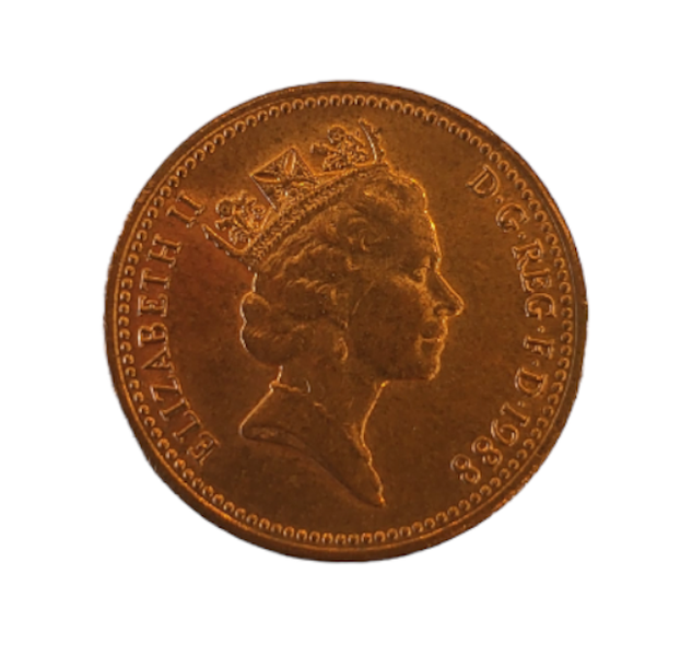 1988 United Kingdom British One Penny Coin Queen Elizabeth II