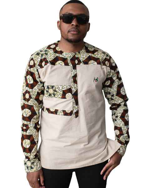 Selphies MoAfrika Men Beige African Cotton Long Sleeve Slim Formal Shirt