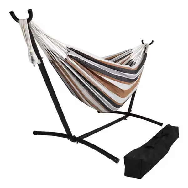 Striped Cotton Fabric Hammock with Steel Stand and Carry Bag