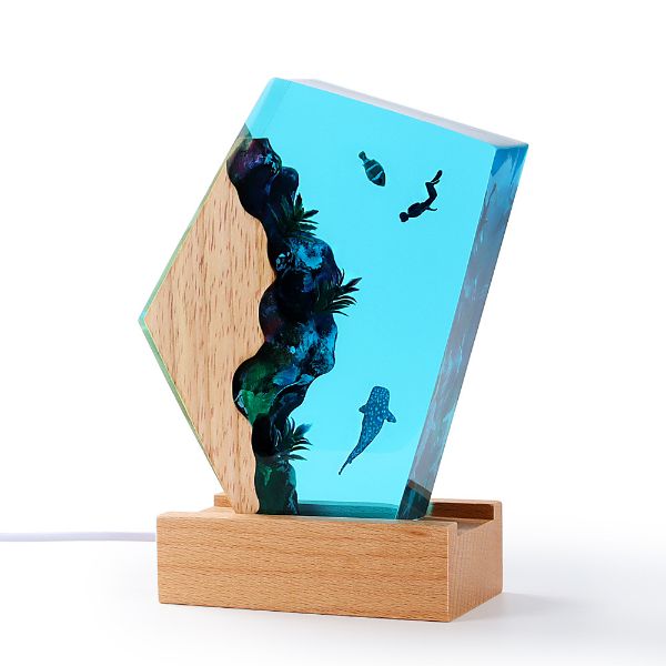 ZELTRYN Whale Shark &amp; Diver Resin Ornament 7-Color Wood Base Night Light