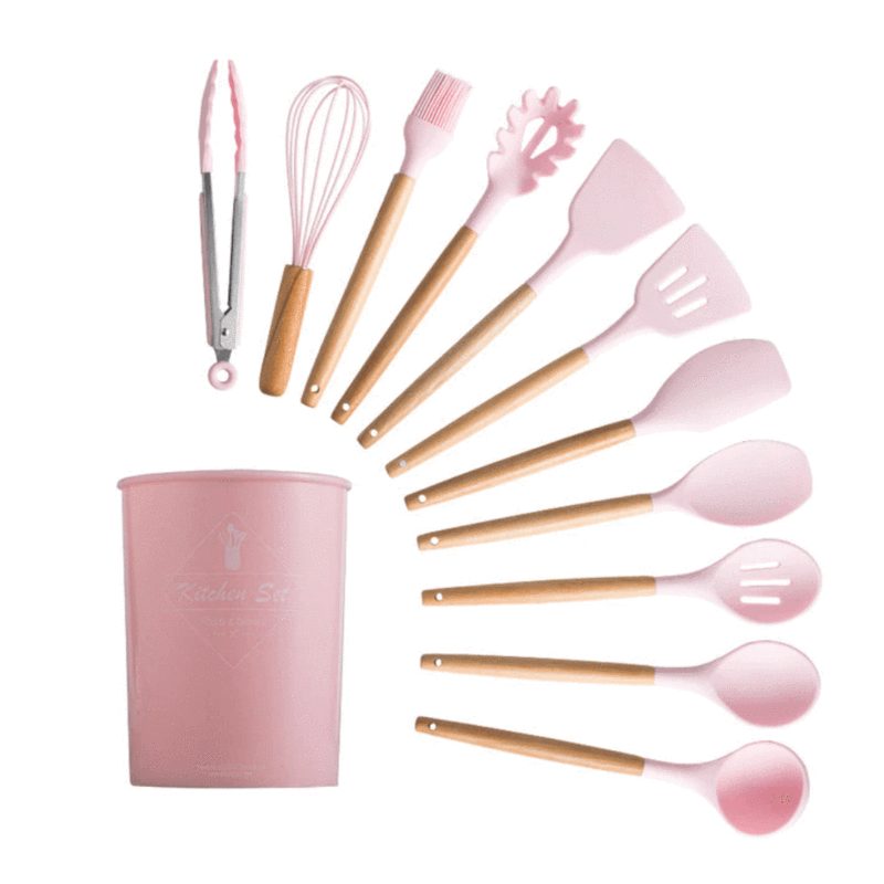 Kitchen Utensils Set of 12 Silicone Non Stick Includes Holder Pink