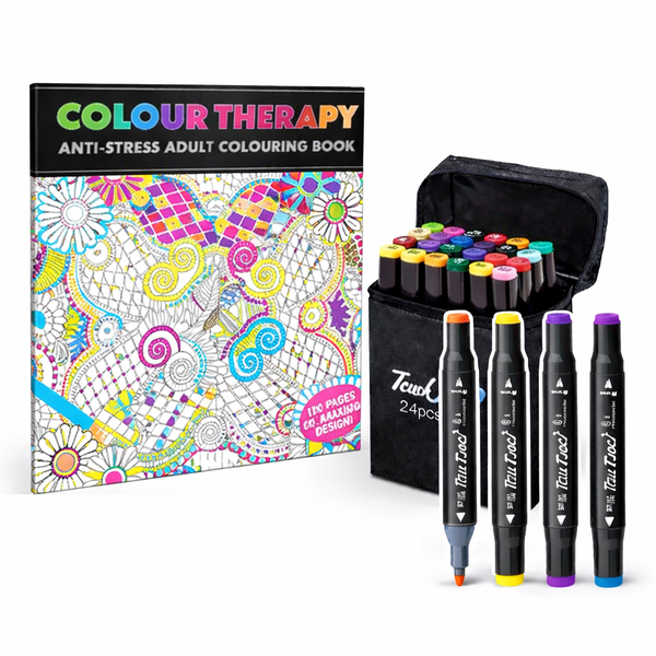 24 Pack Dual Tip Art Markers &amp; Colour Therapy Colouring Book Set - Gift