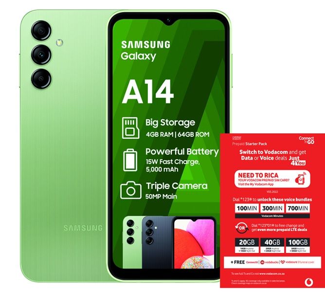 Samsung Galaxy A14 64GB LTE Dual Sim - Light Green + Vodacom Sim Card Pack