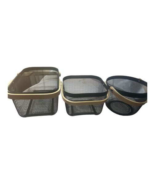 Multifunctional Mesh Steel Storage Baskets with Wooden Handle - Set Of 3