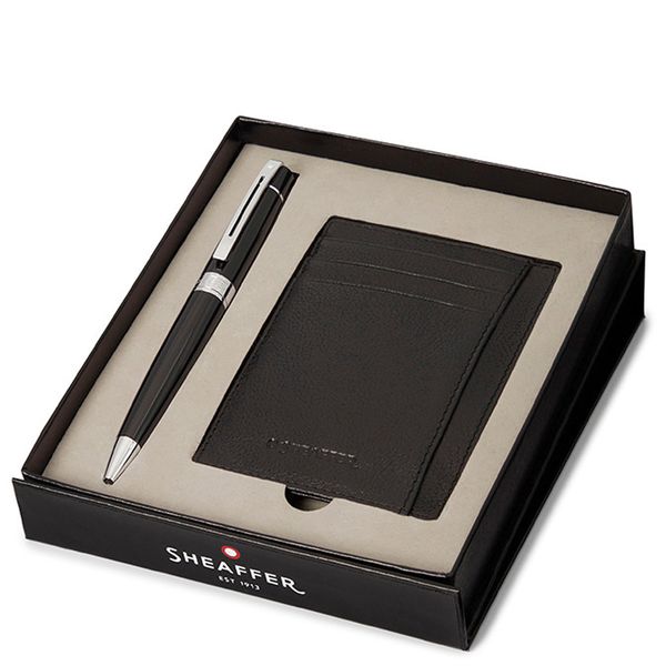 Sheaffer 300 Gift Set - Glossy Black Pen with Chrome Trim &amp; Card Holder