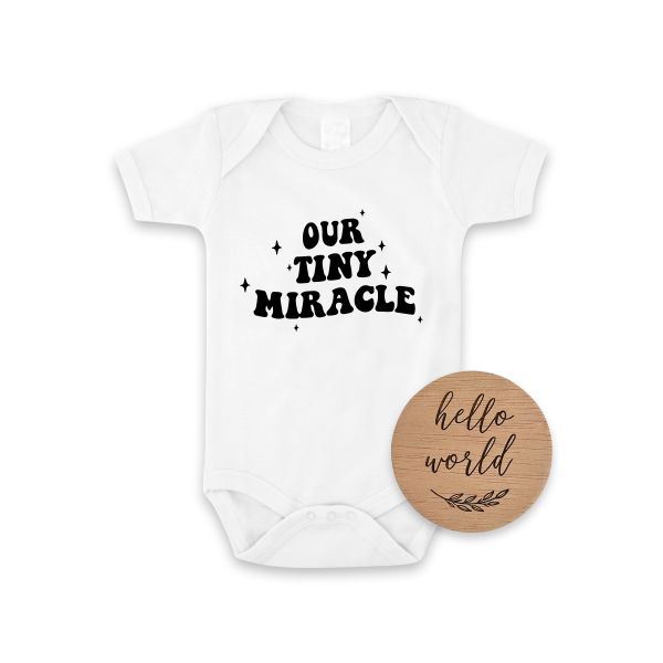 Our Tiny Miracle IVF Pregnancy Announcement Onesie &amp; Hello World Disc