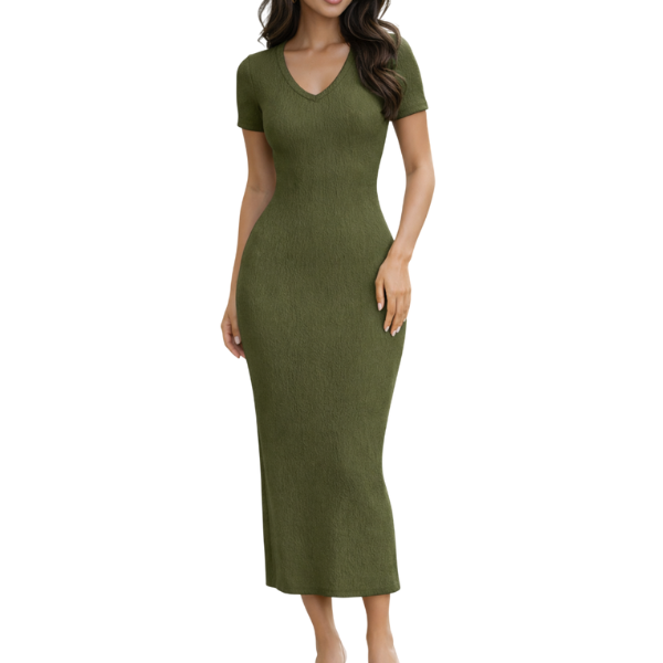 Missy Missi Ladies Bodycon Midi Dress V-Neck Khakhi