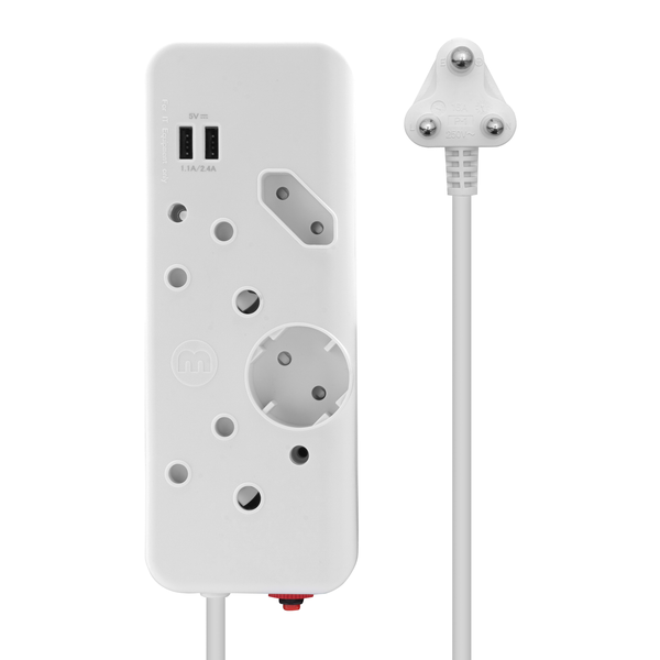 Ellies 4 Way Multiplug, 2 x USB 2.4A - 0.4M - White