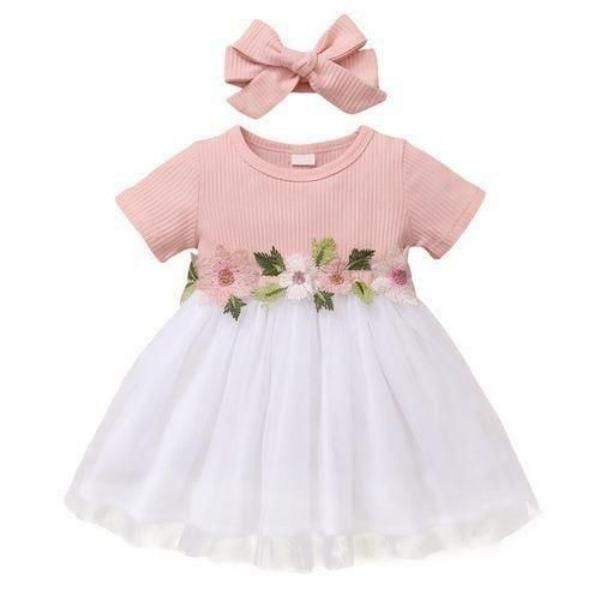 Catpapa Infant Baby Girl Embroidery Flowers Pink Short Sleeves Dress